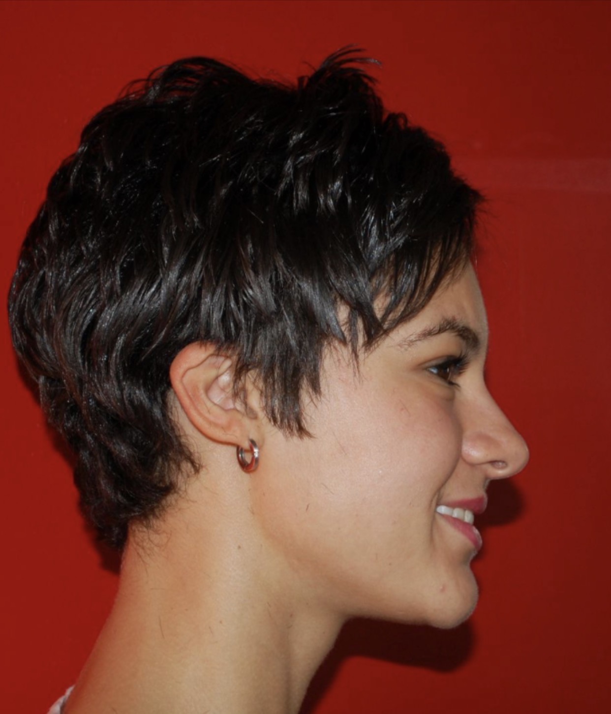 Modern textured brunette pixie haircut with soft layers, side fringe, and tapered neckline photographed in profile against a red background at Salon International in Mount Pleasant, SC.