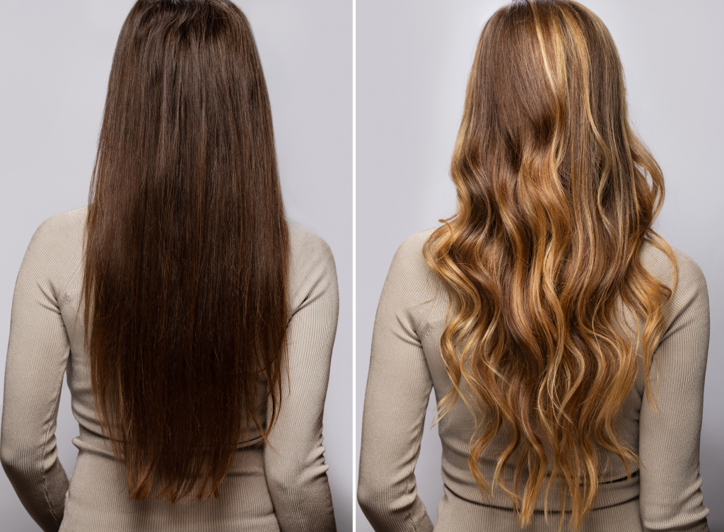 Brunette balayage before and after with dimensional blonde highlights and a soft root blend