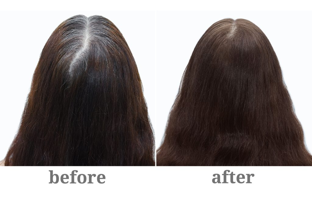 “Before and after gray coverage hair color using Keune Tinta Color shades 6.1 and 7.19 at Salon International in Mount Pleasant, SC.”